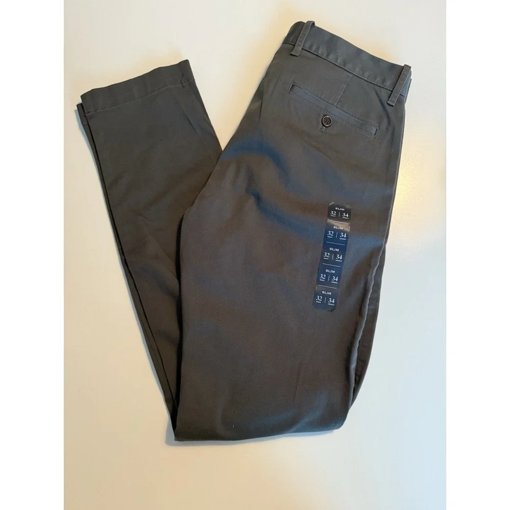 J.CREW Mens Flex Slim Chino Pants 32 X 34 Gray Solid Flat Front Cotton Blend NWT